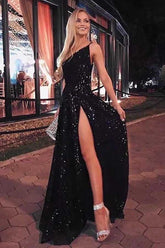A-line One Shoulder Prom Dresses, Evening Dresses With Split,